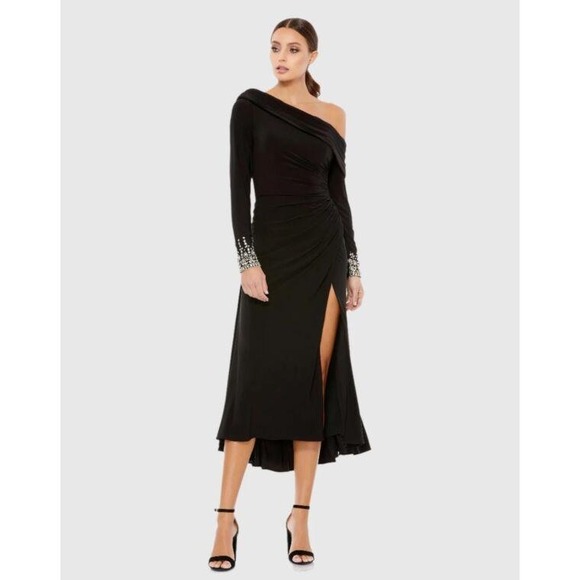 Black One Shoulder Long Sleeve Midi Dress Embellished Cuff Party